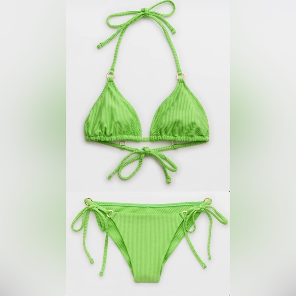 NWT Aerie FULL SET Shine Rib Triangle Top + Cheekiest Tie Bottom Lime Green